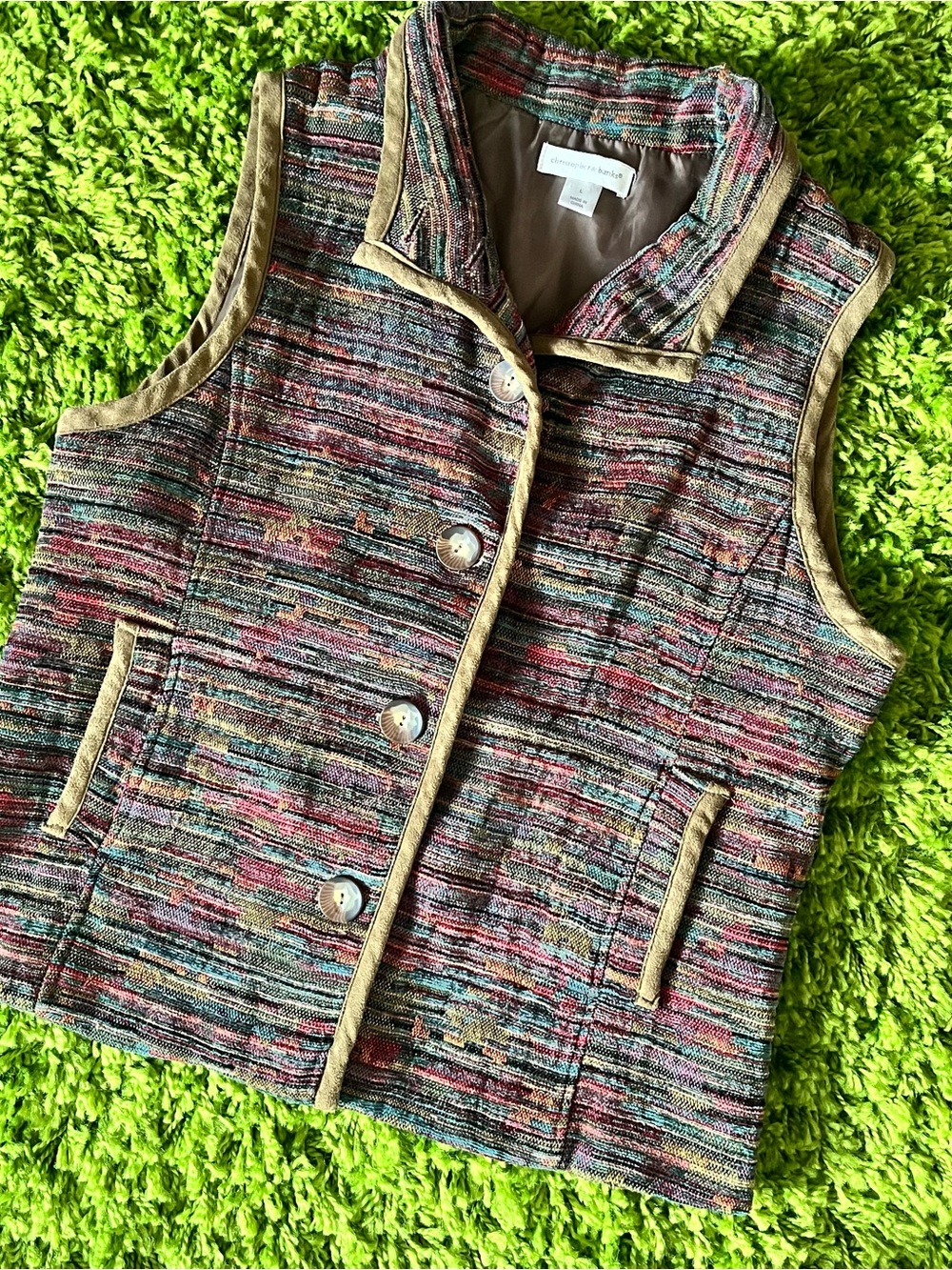 Christopher & Banks Womens Multicolor Woven Tapestry Button Front Vest Size L